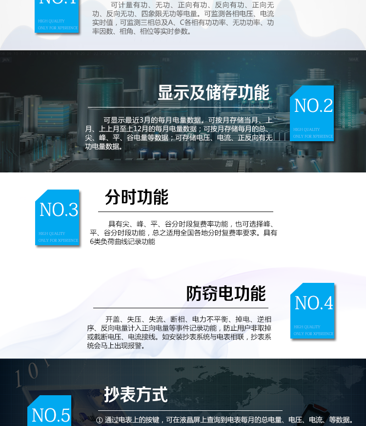 杭州百富華隆DSSD532三相三線電子式多功能電能表產品功能
　　電能計量功能
　　計量參數：可計量有功、無功、正向有功、反向有功、正向無功、反向無功、四象限無功等電量。
　　監測參數：可監測各相電壓、電流實時值，可監測三相總及A、C各相有功功率、無功功率、功率因數、相角、相位等實時參數。
　　分時功能：具有尖、峰、平、谷分時段復費率功能，也可選擇峰、平、谷分時段功能，總之適用全國各地分時復費率要求。
　　數據存儲：可按月存儲當月、上月、上上月至上12月的每月電量數據;可按月存儲每月的總、尖、峰、平、谷電量等數據;可存儲電壓、電流、正反向有無功電量數據。
　　具有6類負荷曲線記錄功能。
　　顯示功能：可顯示最近3月的每月電量數據。
　　防竊電功能
　　開蓋記錄功能，防止非法更改電路。
　　電壓合格率、失壓記錄功能，防止用戶非法取掉或截斷電壓接線，如已發生，可通過記錄的時間核算所損失的電量，為追補電量提供依據。
　　失流、斷相記錄功能，防止用戶非法短接電流接線，如已發生，可通過記錄的時間核算所損失的電量，為追補電量提供依據。
　　電流不平衡記錄：可警惕用戶在電表接線的前端截取電量。
　　掉電記錄功能，防止用戶非法取下電表的工作電源，如已發生，可通過記錄的時間核算所損失的電量，為追補電量提供依據。
　　反向電量計入正向電量，用戶如將電流線接反，電表照樣正向走字，不具有竊電作用。
　　逆相序報警，用戶非法接線，電表會報警，除非把線接正確，否則一直報警。
　　以上情況如發出，電表會出現報警標志，如安裝抄表系統與電表相聯，抄表系統會馬上出現報警。