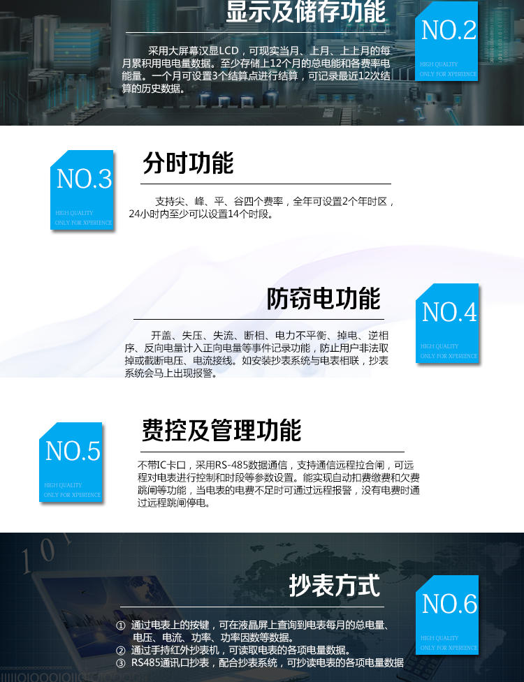 華立DDZY285-J電能表主要功能
　　電能計量功能
　　計量參數：具有正、反向組合有功電能的計量功能，組合有功電能可由正反向有功電能進行選擇性組合。
　　測量功能：能測量電壓、電流(包含零線)，有功功率以及功率因數等電網參數。
　　分時功能：支持尖、峰、平、谷四個費率，全年可設置2個年時區，24小時內至少可以設置14個時段。
　　數據存儲：至少存儲上12個月的總電能和各費率電能量。一個月可設置3個結算點進行結算，可記錄最近12次結算的歷史數據。
　　顯示功能：采用大屏幕漢顯LCD，可現實當月、上月、上上月的每月累積用電電量數據。
　　防竊電功能
　　開蓋記錄功能，記錄開表蓋總次數，防止非法更改電路。
　　反向電量計入正向電量，用戶如將電流線接反，不具有竊電作用，電表照樣正向走字
　　具有記錄編程、掉電、校時、跳閘等事件發生的時刻以及事件發生時電能表狀態，防止用戶更改電表數據。
　　具有凍結和報警功能。
　　以上情況如發出，電表會出現報警標志，如安裝抄表系統與電表相聯，抄表系統會馬上出現報警。
　　費控功能
　　電表不帶IC卡口，采用RS-485和無線進行數據通信，支持通信遠程拉合閘。
　　費控管理功能
　　可通過遠程對電能表進行遠程拉、合閘控制和時段等參數設置，進而對用戶的用電實施遠程管理。
　　能實現自動扣費繳費的功能和欠費跳閘等功能，當電表的電費不足時可以通過遠程報警，沒有電費時通過遠程跳閘停電，操作管理十分方便。
　　抄表方式
　　通過電表上的按鍵，可在液晶屏上查詢到電表每月的總電量、電壓、電流、功率、功率因數等數據。
　　通過手持紅外抄表機，可讀取電表的各項電量數據。
　　RS485通訊口抄表，配合抄表系統，可抄讀電表的各項電量數據。并支持DL/T645-2007多功能電能表通訊規約。