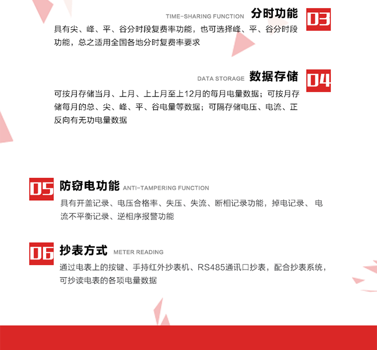 主要功能
分時(shí)計(jì)量功能，即可按相應(yīng)的時(shí)段分別累計(jì)、存儲(chǔ)總、尖、峰、平、谷有功電能、無(wú)功電能； 分別計(jì)量正反向有功、無(wú)功A、B、C三相電能，可存儲(chǔ)月凍結(jié)電量12個(gè)月。
需量選用滑差式，可以設(shè)置最大需量計(jì)量周期及滑差步進(jìn)時(shí)間。需量周期可在5、10、15、30、60分鐘中選取，滑差時(shí)間可在1、2、3、5分鐘中選取，需量周期為滑差時(shí)間的整整5倍及以上。電能表在出廠時(shí)設(shè)定的需量周期默認(rèn)值15分鐘，滑差時(shí)間1分鐘。
通過(guò)數(shù)據(jù)采集RS485接口按設(shè)定的電能表抄表日或定時(shí)采集時(shí)間間隔(默認(rèn)15分鐘)凍結(jié)、采集、存儲(chǔ)計(jì)量表計(jì)的數(shù)據(jù)。
計(jì)算每月電壓合格率，統(tǒng)計(jì)每月A、B、C各相運(yùn)行時(shí)間、電壓超上限時(shí)間、低于下限時(shí)間，記錄數(shù)據(jù)存貯3個(gè)月。計(jì)算每月供電可靠率，數(shù)據(jù)能存貯3個(gè)月。計(jì)算每月功率因數(shù)合格率，數(shù)據(jù)能存貯3個(gè)月。
三相中任一相或兩相失壓，電能表均應(yīng)正常工作，并分相記錄累計(jì)失壓時(shí)間，同時(shí)記錄各相電壓最近10次失壓發(fā)生時(shí)刻和結(jié)束時(shí)刻。三相電壓分相指示，并能在電能表液晶顯示屏上直接顯示有否失壓情況。分相按次記錄停電起止時(shí)間，精確到分鐘。
電能表能分相記錄累計(jì)失流時(shí)間，同時(shí)記錄各相電流最近10次失流發(fā)生時(shí)刻和結(jié)束時(shí)刻。
按時(shí)間發(fā)生的先后順序記錄最近10次的編程時(shí)間、電量復(fù)零記錄、最大需量復(fù)零時(shí)間、廣播校時(shí)時(shí)間、掉電時(shí)間和上電時(shí)間。
能判斷多功能電能表內(nèi)部故障、異常情況并顯示符號(hào)或出錯(cuò)信息碼，出錯(cuò)信息碼可通過(guò)RS485接口或通信模塊實(shí)現(xiàn)遠(yuǎn)傳。
具有可編程、抄讀數(shù)據(jù)、實(shí)現(xiàn)自動(dòng)需量復(fù)位和參數(shù)更新的吸附式光電通信接口及紅外通訊功能。具有電氣隔離的標(biāo)準(zhǔn)RS485數(shù)據(jù)通信接口，能實(shí)現(xiàn)本地或遠(yuǎn)程數(shù)據(jù)信息采集和交換。
多功能電能表和數(shù)據(jù)采集儀的遠(yuǎn)程通訊協(xié)議可升級(jí)為全省統(tǒng)一標(biāo)準(zhǔn)通訊協(xié)議。 