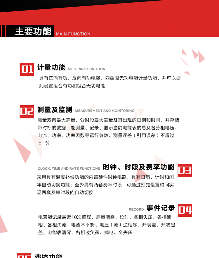 主要功能
1. 　電能計量
具有正向有功、反向有功電能、四象限無功電能計量功能，并可以據(jù)此設(shè)置組合有功和組合無功電能。
2. 　需量計量
測量雙向最大需量、分時段最大需量及其出現(xiàn)的日期和時間，并存儲帶時標(biāo)的數(shù)據(jù)。
3. 　測量及監(jiān)測
能測量、記錄、顯示當(dāng)前電能表的總及各分相電壓、電流、功率、功率因數(shù)等運(yùn)行參數(shù)。測量誤差（引用誤差）不超過±1%。
4. 　時鐘、時段及費(fèi)率功能
采用具有溫度補(bǔ)償功能的內(nèi)置硬件時鐘電路，具有日歷、計時和閏年自動切換功能。內(nèi)部時鐘端子輸出頻率為1Hz。至少具有兩套費(fèi)率時段，可通過預(yù)先設(shè)置時間實(shí)現(xiàn)兩套費(fèi)率時段的自動切換。每套費(fèi)率時段全年至少可設(shè)置2個時區(qū)，24小時內(nèi)至少可以設(shè)置8個時段，時段最小間隔為15分鐘，并且時段間隔大于表內(nèi)設(shè)定的需量周期值，時段可跨越零點(diǎn)設(shè)置。
5. 　費(fèi)控功能 
電能表費(fèi)控功能的實(shí)現(xiàn)方式通過公網(wǎng)等虛擬介質(zhì)和遠(yuǎn)程售電系統(tǒng)實(shí)現(xiàn)。
6. 　無線通信
通過無線通信與主站通信。支持在安全認(rèn)證前提下，通過無線網(wǎng)絡(luò)信道修改費(fèi)率時段表及電價。
7. 　事件記錄
電表能記錄最近10次編程、需量清零、校時、各相失壓、各相斷相、各相失流、電流不平衡、電壓（流）逆相序、開表蓋、開端鈕蓋、電能表清零、各相過負(fù)荷、掉電、全失壓。
8. 　凍結(jié)
具有定時凍結(jié)、瞬時凍結(jié)、約定凍結(jié)和日凍結(jié)功能。
9.　 負(fù)荷記錄
記錄正反向有功總電能、無功總電能、四象限無功總電能、組合有功、組合無功1、組合無功2，負(fù)荷記錄間隔時間可以在1～60min范圍內(nèi)設(shè)置，時間間隔為1min的情況下可記錄不少于40天的數(shù)據(jù)容量。
10. 　停電抄表
在停電狀態(tài)下，能通過按鍵或非接觸方式喚醒電能表，抄讀電能量等數(shù)據(jù)。
11. 擴(kuò)展功能
計量視在電能、諧波電壓、電流、電量的監(jiān)測、電能質(zhì)量監(jiān)測和計算鐵損、銅損。 