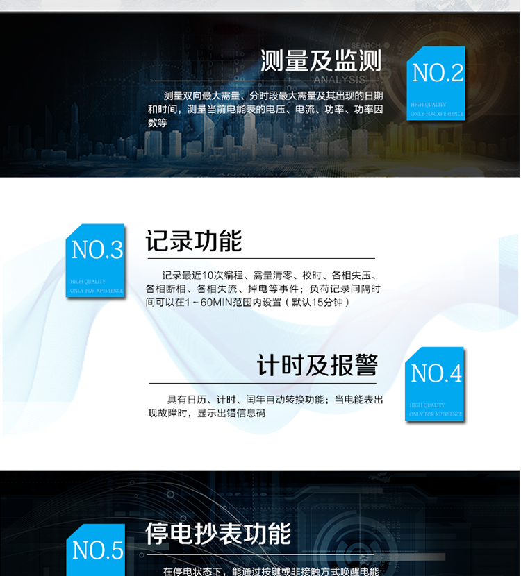 產(chǎn)品特點(diǎn)
采用專利技術(shù)開關(guān)電源供電，寬電壓工作范圍
采用獨(dú)有的抗浪涌措施，防雷性能強(qiáng)
功耗低，整機(jī)功耗<=1W、2VA，溫升低，整機(jī)壽命長
抗過壓能力強(qiáng)，避免接錯線或弄錯電壓等級而損壞電表，且能支持高過載倍數(shù)
板間無接插件，連接可靠；主機(jī)經(jīng)過三防處理，能適應(yīng)復(fù)雜氣候，提高了整機(jī)壽命和平均無故障工作時間
采用雙物理器件存儲參數(shù)、計費(fèi)電能數(shù)據(jù)；每個物理器件內(nèi)數(shù)據(jù)保存三份，確保在強(qiáng)干擾環(huán)境中參數(shù)和計費(fèi)數(shù)據(jù)完整、可靠
接口功能豐富：可提供雙路RS485接口，雙路負(fù)荷報警接口，四路電能脈沖輸出，一路時鐘脈沖輸出，停電抄表輸入
豐富的軟件模塊，功能擴(kuò)展方便，可擴(kuò)展電壓及功率因數(shù)合格率等電能質(zhì)量數(shù)據(jù)、可存儲半年以上的大容量負(fù)荷曲線數(shù)據(jù)等
采用模塊化設(shè)計，GPRS/CDMA模塊與計量模塊獨(dú)立，安裝方便，可后期擴(kuò)充
采用業(yè)內(nèi)先進(jìn)的GPRS/CDMA模塊，可快速安全的實(shí)現(xiàn)數(shù)據(jù)連接，永久在線
可以當(dāng)?shù)?遠(yuǎn)方修改參數(shù)，并且支持當(dāng)?shù)?遠(yuǎn)方軟件在線升級
支持GPRS、CSD、SMS、CDMA等通訊方式，并支持VPN虛擬專網(wǎng)及公網(wǎng)等多種組網(wǎng)模式
采用超級電容和鋰電池兩種停電后備方式，保證停電報警功能可靠
綜合防竊電功能：
    硬件方面：采用防竊電外殼，并有相應(yīng)的施封點(diǎn)，用電戶在不破壞鉛封的前提下，無法改動電壓電流線，也無法對編程按鍵操作來改動電表參數(shù)
    軟件方面：三級密碼防護(hù)
在線實(shí)時監(jiān)測，并通過用電異常信息的記錄及主動上傳（通過GPRS/CDMA網(wǎng)絡(luò)上傳失壓、斷相、掉電/上電、過壓等異常事件）進(jìn)行防竊電報警
電表自檢信息記錄及上報（硬件故障、時鐘故障、電池電壓低等）